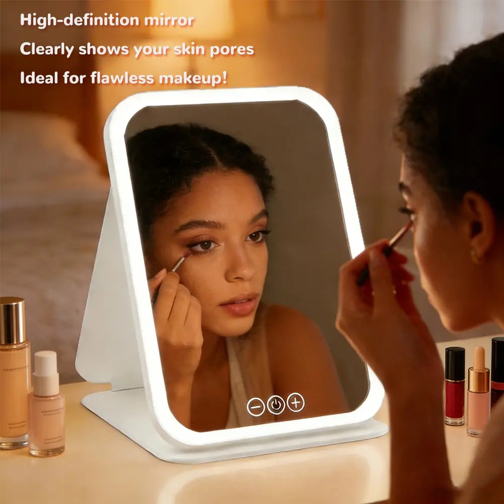 LED Makeup Mirror Rechargeable 3 Color Lights Foldable Travel Vanity Mirror with Touch Control Dimmable Rechargeable Lighted Mirror