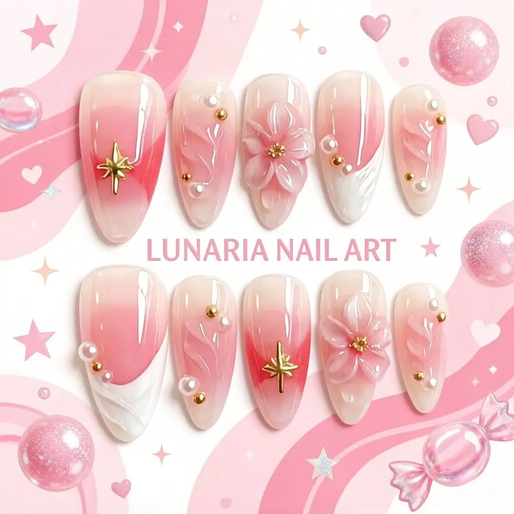 10Pcs Handmade Press on Nails Baby Pink Blush Ombre, Pearl Shimmer, Spring Summer 3D Flower Acrylic Fake Nails with Imitation Pearl Design for Women, Easy to Wear for Parties, Daily & Dancing, Nail Kit, Nail Art Tool
