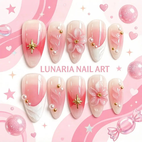 10Pcs Handmade Press on Nails Baby Pink Blush Ombre, Pearl Shimmer, Spring Summer 3D Flower Acrylic Fake Nails with Imitation Pearl Design for Women, Easy to Wear for Parties, Daily & Dancing, Nail Kit, Nail Art Tool