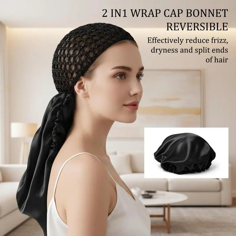 Dual-Layer Satin Hair Wrap & Airy Net Band Set, Reversible Adjustable Design for Curls, Braids & Natural Hair Care