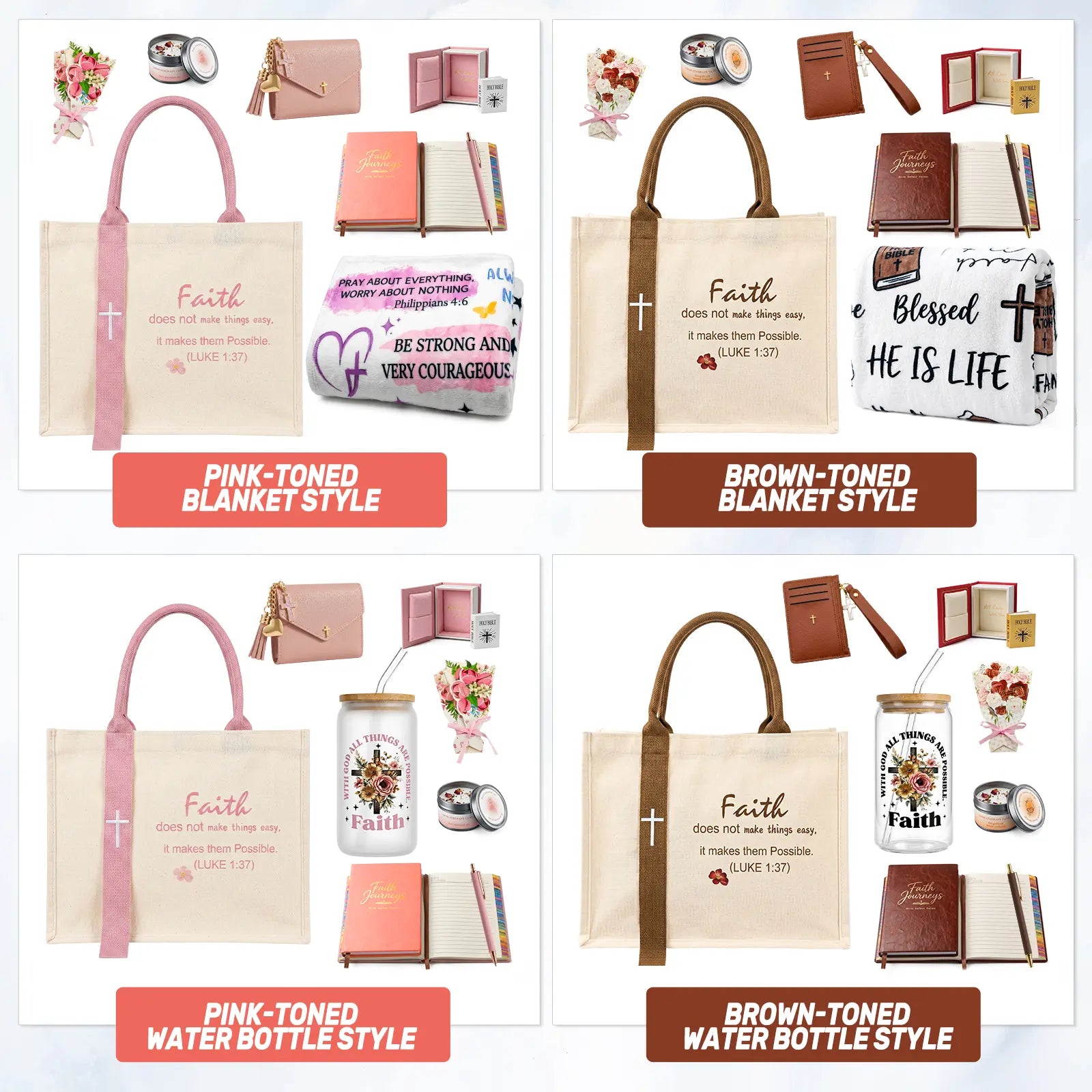 Women'S Faith & Work Gift Set — Includes: Canvas Tote Bag, Water Bottle/Throw Blanket, Notebook, Card Holder, Aromatherapy Item, and Mini Bible.,Can Be Used as Birthday, Christmas, Mother'S Day, Valentine'S Day Gifts for Family, Friends