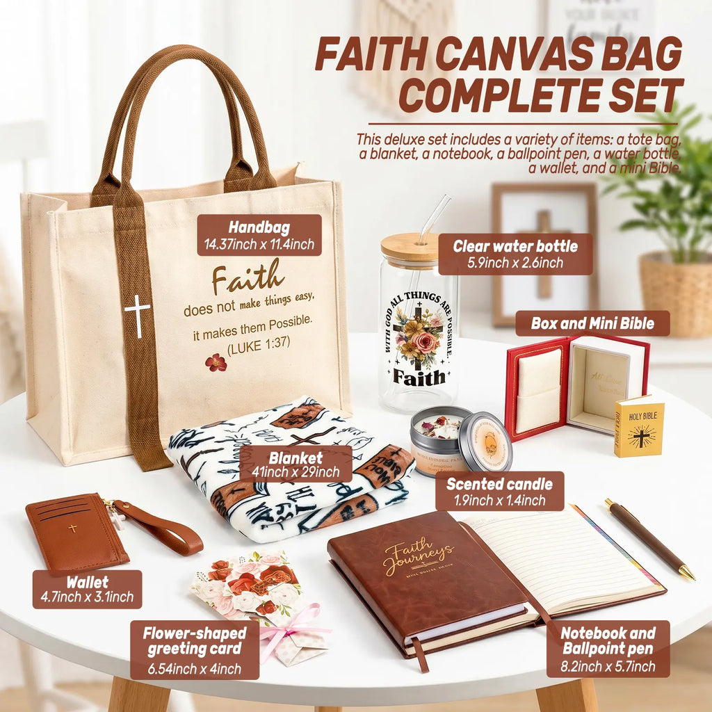 Women'S Faith & Work Gift Set — Includes: Canvas Tote Bag, Water Bottle/Throw Blanket, Notebook, Card Holder, Aromatherapy Item, and Mini Bible.,Can Be Used as Birthday, Christmas, Mother'S Day, Valentine'S Day Gifts for Family, Friends