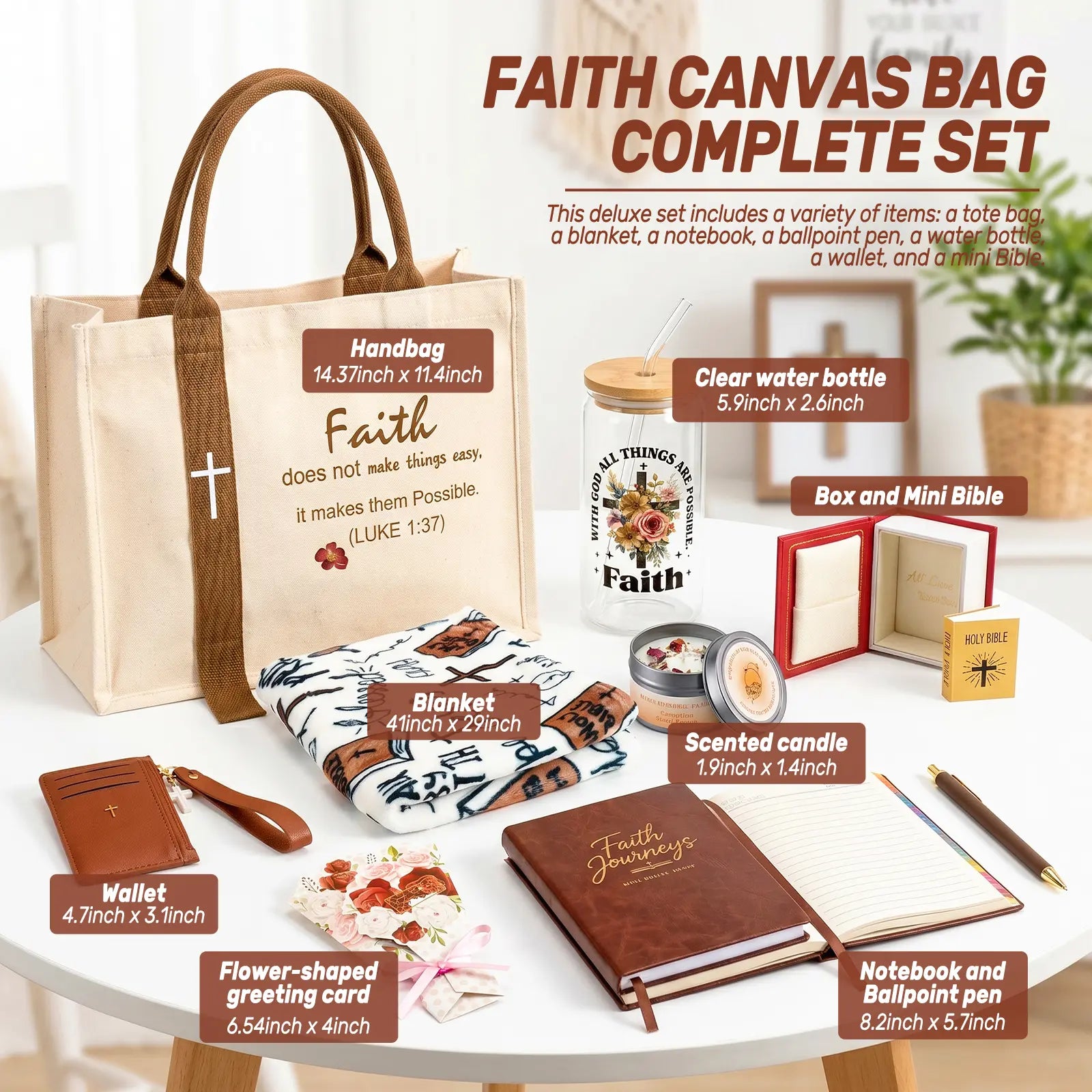 Women'S Faith & Work Gift Set — Includes: Canvas Tote Bag, Water Bottle/Throw Blanket, Notebook, Card Holder, Aromatherapy Item, and Mini Bible.,Can Be Used as Birthday, Christmas, Mother'S Day, Valentine'S Day Gifts for Family, Friends