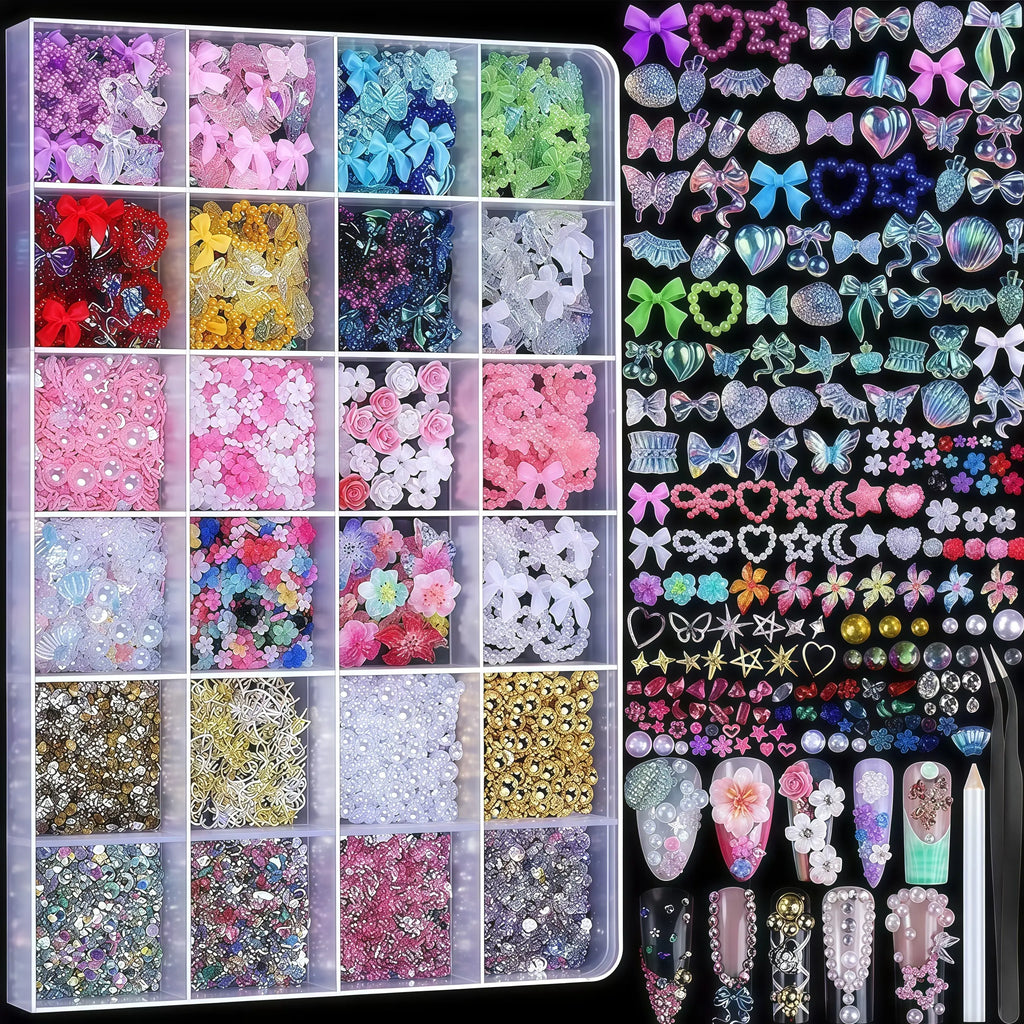 24 Grid Nail Art Decoration Set, Mixed Shapes with Pen & Tweezers, Shiny Accessories, Rhinestone Decorations for Women & Girls, Professional Manicure Supplies, DIY Nail Art, Nail Art Design