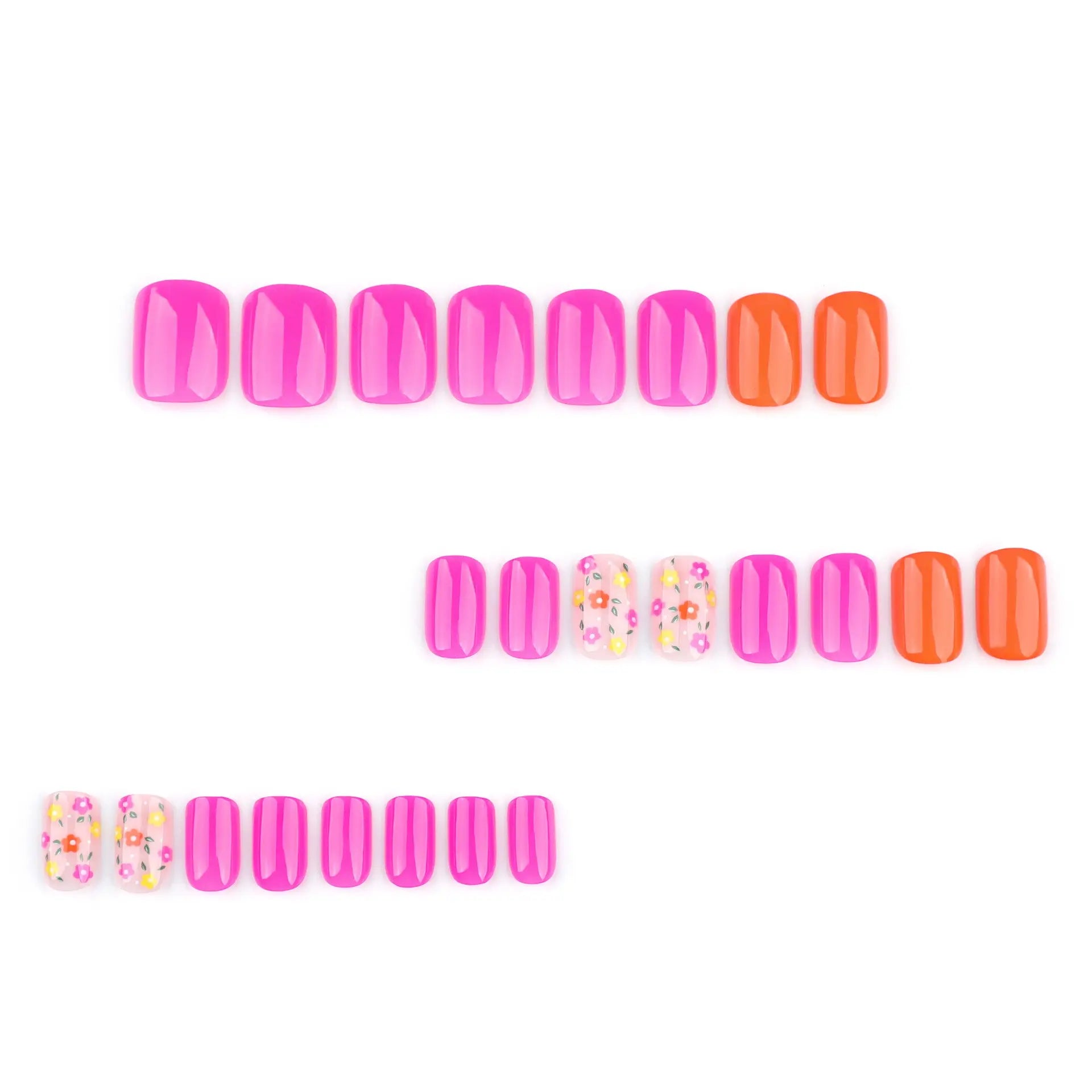 24Pcs Short Square Colorful Flower Press-On Nails, Salon Quality Nails, Easy to Apply, Durable, Daily, Party, Creative Nail Art, Includes Jelly Glue and File