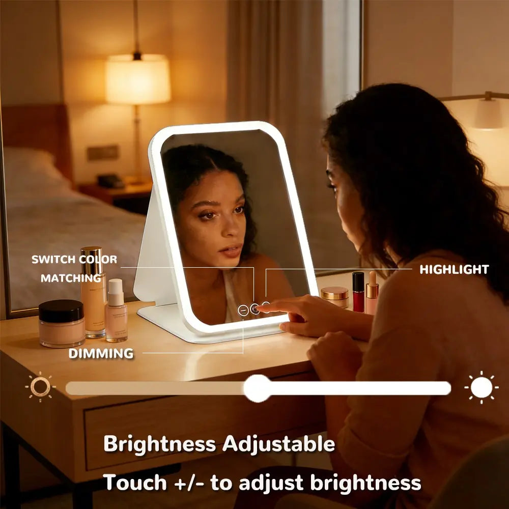 LED Makeup Mirror Rechargeable 3 Color Lights Foldable Travel Vanity Mirror with Touch Control Dimmable Rechargeable Lighted Mirror