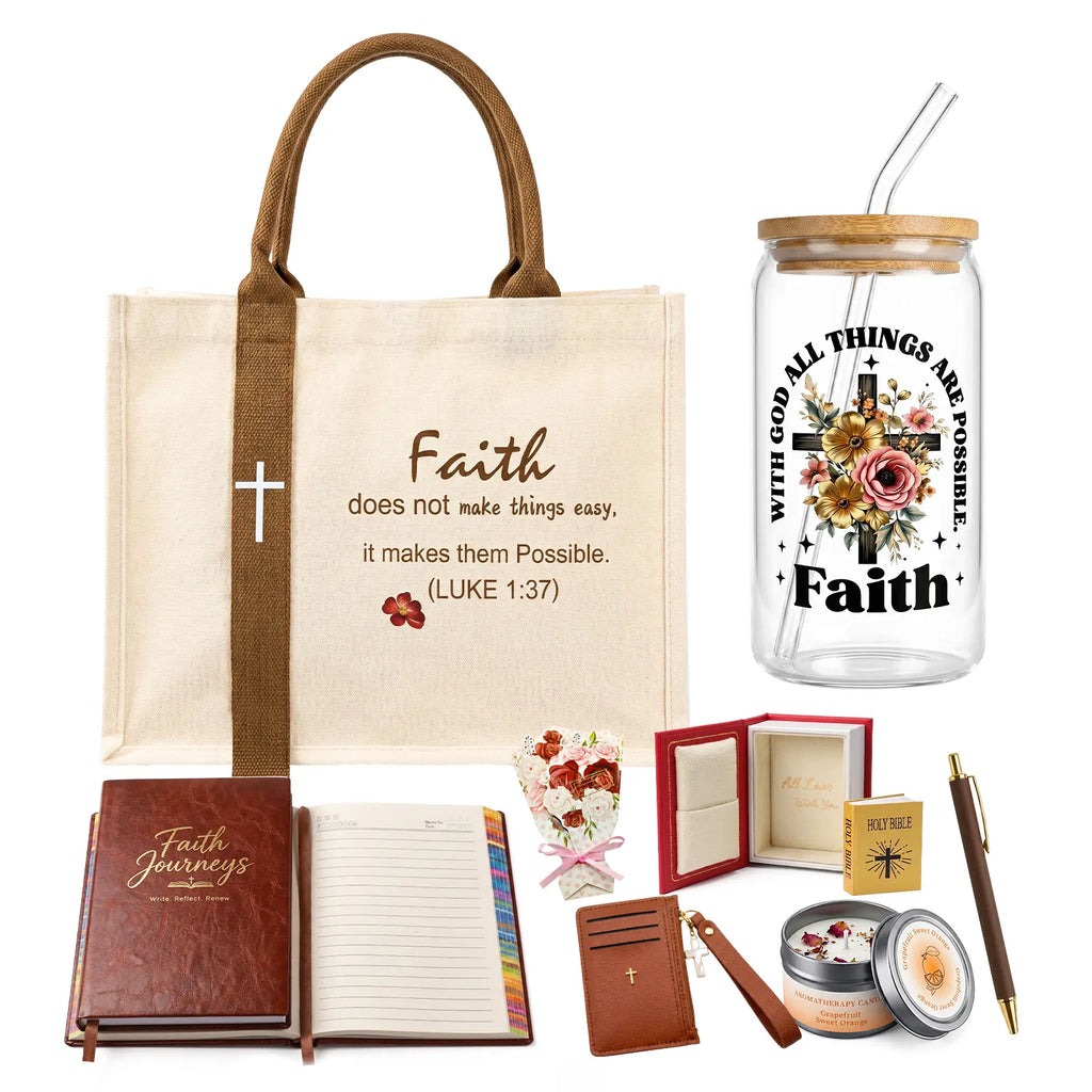 Women'S Faith & Work Gift Set — Includes: Canvas Tote Bag, Water Bottle/Throw Blanket, Notebook, Card Holder, Aromatherapy Item, and Mini Bible.,Can Be Used as Birthday, Christmas, Mother'S Day, Valentine'S Day Gifts for Family, Friends