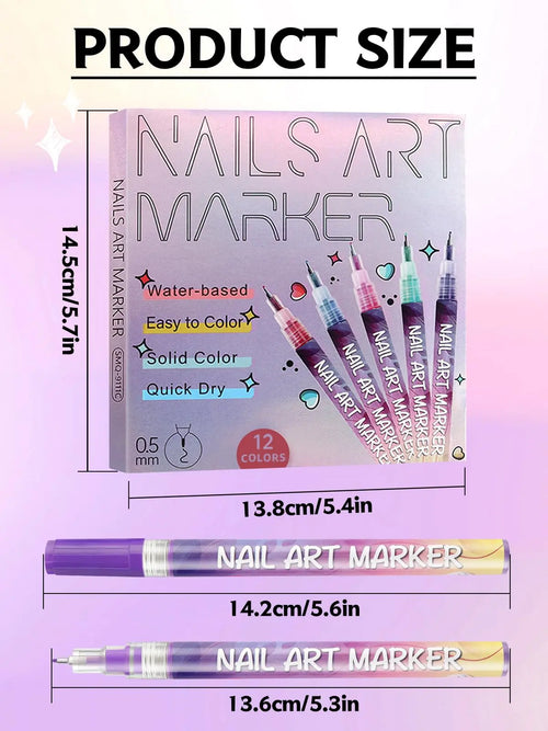 12 Color Nail Art Pens Set - Nail Polish Graffiti Dotting Drawing Liner Markers DIY Manicure Accessories