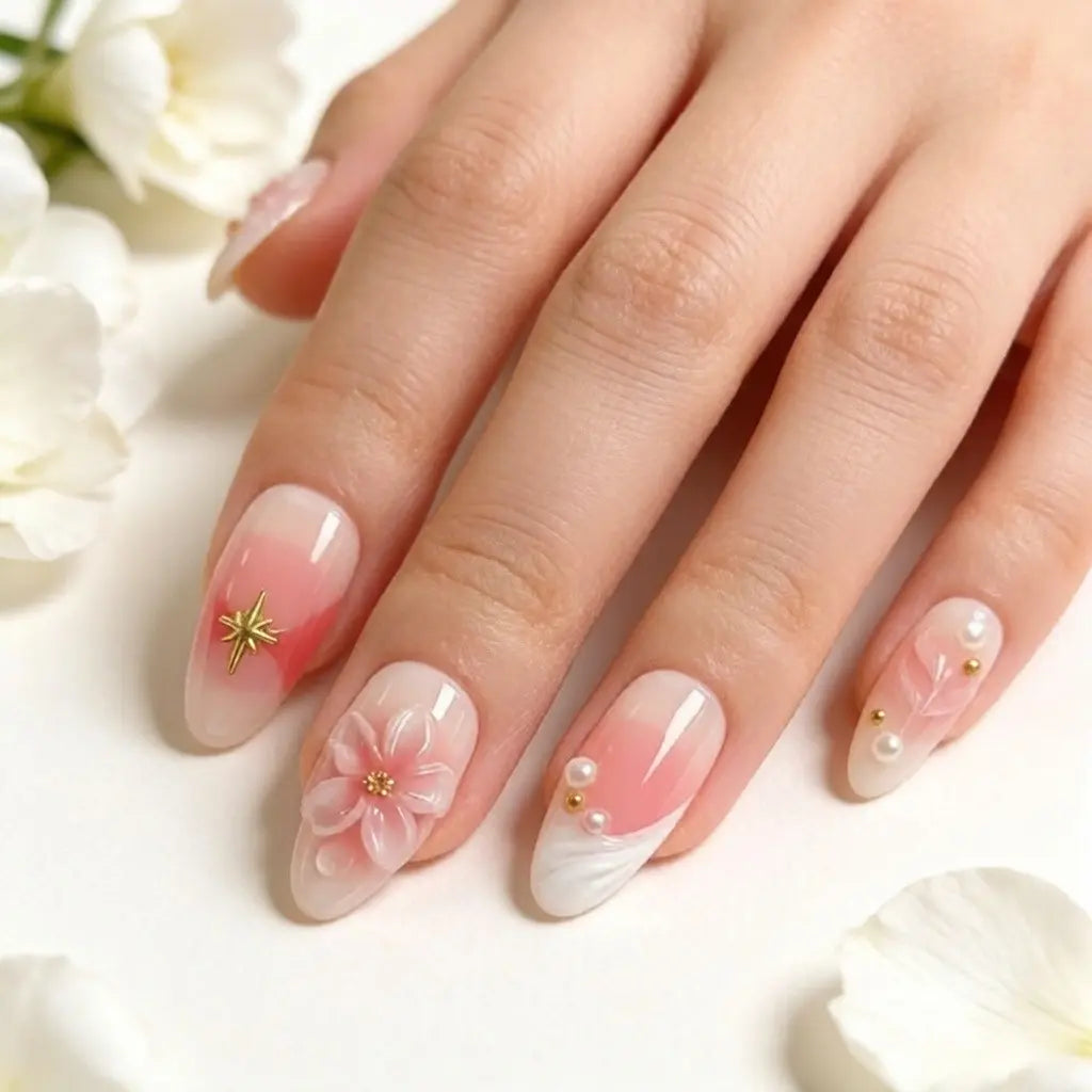 10Pcs Handmade Press on Nails Baby Pink Blush Ombre, Pearl Shimmer, Spring Summer 3D Flower Acrylic Fake Nails with Imitation Pearl Design for Women, Easy to Wear for Parties, Daily & Dancing, Nail Kit, Nail Art Tool