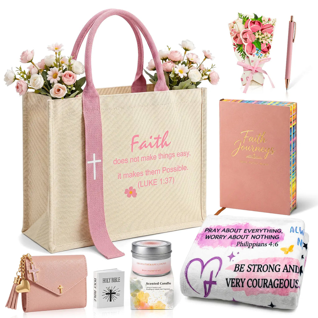 Women'S Faith & Work Gift Set — Includes: Canvas Tote Bag, Water Bottle/Throw Blanket, Notebook, Card Holder, Aromatherapy Item, and Mini Bible.,Can Be Used as Birthday, Christmas, Mother'S Day, Valentine'S Day Gifts for Family, Friends