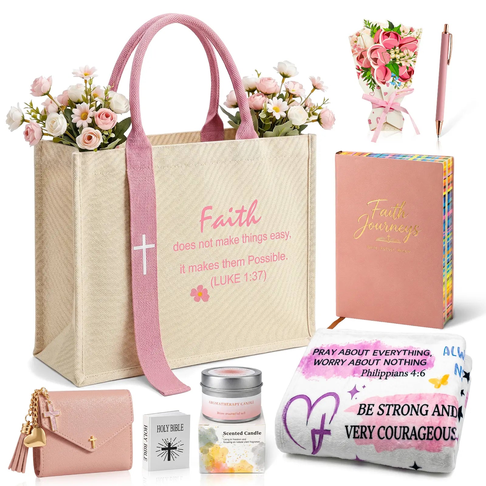 Women'S Faith & Work Gift Set — Includes: Canvas Tote Bag, Water Bottle/Throw Blanket, Notebook, Card Holder, Aromatherapy Item, and Mini Bible.,Can Be Used as Birthday, Christmas, Mother'S Day, Valentine'S Day Gifts for Family, Friends