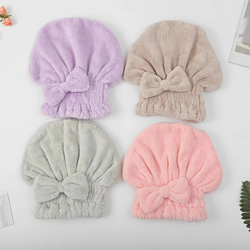Women'S 2-Piece/4-Piece Bow Decor Shower Caps & Hair Drying Cap Set, Soft Ultra-Absorbent Reusable Hair Towel Wrap, Camping Essential Self Care Products (Sports & Outdoor)