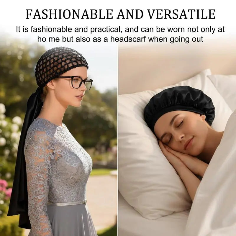 Dual-Layer Satin Hair Wrap & Airy Net Band Set, Reversible Adjustable Design for Curls, Braids & Natural Hair Care
