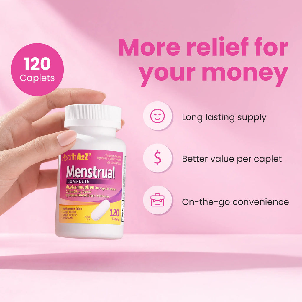 Healtha2Z Menstrual Complete Pain Relief Tablets | Relieves Cramps, Bloating, Fatigue, Backache & Headache