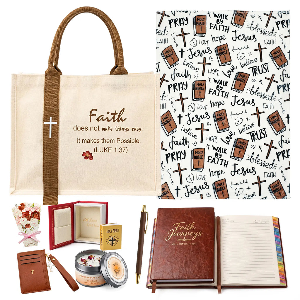 Women'S Faith & Work Gift Set — Includes: Canvas Tote Bag, Water Bottle/Throw Blanket, Notebook, Card Holder, Aromatherapy Item, and Mini Bible.,Can Be Used as Birthday, Christmas, Mother'S Day, Valentine'S Day Gifts for Family, Friends