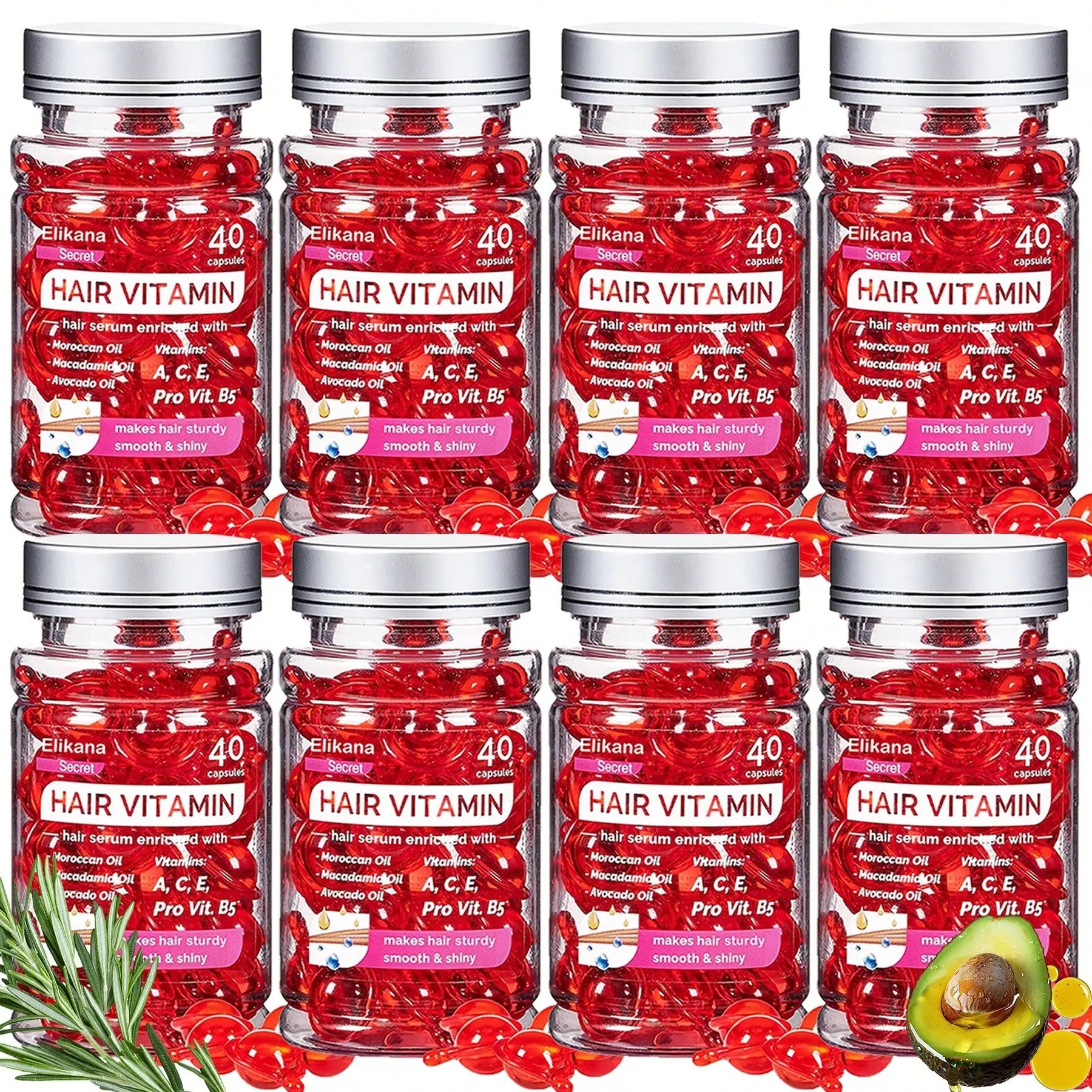 Eikana Hair Vitamin Capsules 40Pcs, Enriched with Vitamins a C E & Avocado Oil, Deep Nourishing Hair Serum for Smooth Silky Shine, Frizz Control, Easy Single-Use for All Hair Types