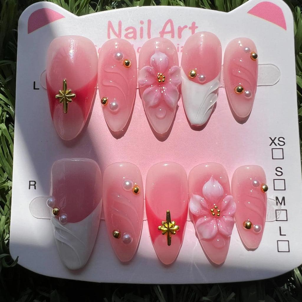 10Pcs Handmade Press on Nails Baby Pink Blush Ombre, Pearl Shimmer, Spring Summer 3D Flower Acrylic Fake Nails with Imitation Pearl Design for Women, Easy to Wear for Parties, Daily & Dancing, Nail Kit, Nail Art Tool